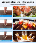 Adjustable ice thickness options for seafood, drinks, and beer with visual examples, suitable for various cooling needs.