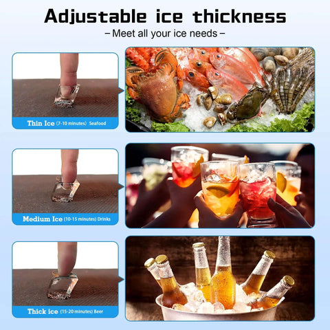 Adjustable ice thickness options for seafood, drinks, and beer with visual examples, suitable for various cooling needs.
