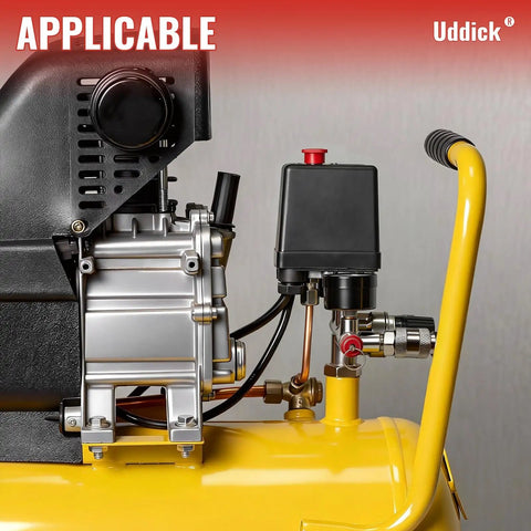 Close-up of Beefy Workhorse Air Compressor Pressure Switch With Gauge Regulator on yellow tank, aluminum alloy body visible