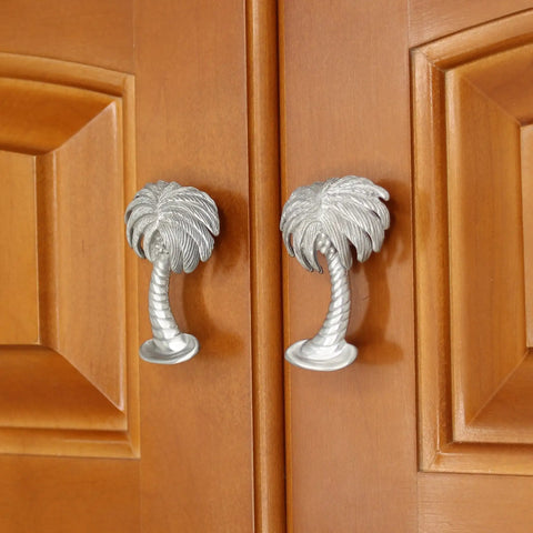 Coastal Palm Tree Cabinet Knobs Set Matched Pair Pewter Hardware Ocean Chic Drawer Pulls for Beachy Kitchen and Bath