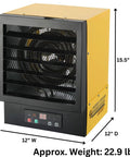 Heavy Duty Electric Forced Air Garage Heater With Remote Control 17060 Btu, 12" W x 15.5" H x 12" D, compact design, ideal for workshops.