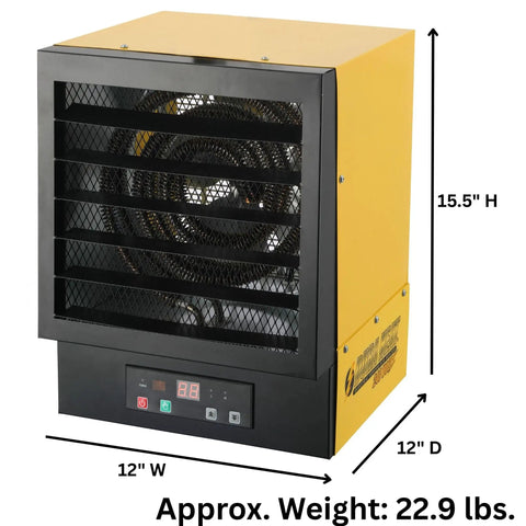 Heavy Duty Electric Forced Air Garage Heater With Remote Control 17060 Btu, 12" W x 15.5" H x 12" D, compact design, ideal for workshops.