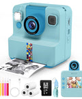 Instant Print Camera For Kids 3 To 12 Blue Inkless Selfie Toy With Printing Paper And 5 Colored Pens Great For DIY Photo Crafts Scrapbooks And Kid Friendly Gift, front view