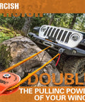 10 Ton Snatch Block and Tackle Pulley System Delivers 22,000 Lbs Capacity for Beefed Up Offroad Recovery, Works With 0-3/4 Inch Rope, Winch Hook Accessory Kit For Truck Tractor ATV UTV in use with orange rope pulling a vehicle offroad.