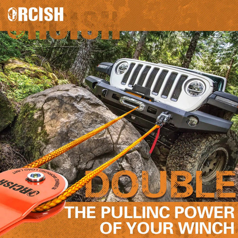 10 Ton Snatch Block and Tackle Pulley System Delivers 22,000 Lbs Capacity for Beefed Up Offroad Recovery, Works With 0-3/4 Inch Rope, Winch Hook Accessory Kit For Truck Tractor ATV UTV in use with orange rope pulling a vehicle offroad.