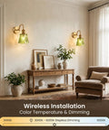 YUNICE Rechargeable Wall Sconces Set of 1 Battery Operated Wall Sconce with Remote Control Dimmable Cordless Wall Lamp with Green Glass Lampshade Antique Brass Wall Lights for Bedroom Living Room, installed in a cozy living room.