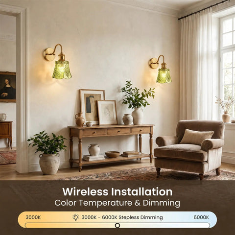 YUNICE Rechargeable Wall Sconces Set of 2 Battery Operated Wall Sconce with Remote Control Dimmable Green Glass shade in living room