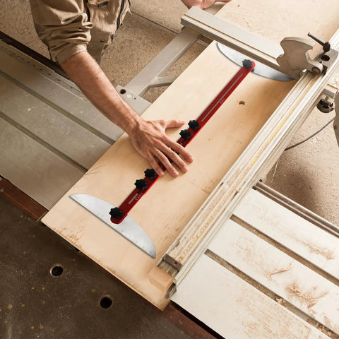 Person using Accurate Stair Tread Measuring Tool With Adjustable Template Jig For Stairs And Risers on a workbench.