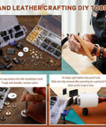 Hand leather crafting DIY tool set with rivet snap button kit, 24 shape leather hole punch, installation tools displayed.