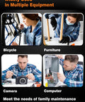 Demonstrating the 100-In-One Magnetic Ratchet Screwdriver Set With 88 Short And 6 Long S2 Steel Bits used for bicycle, furniture, camera, computer.