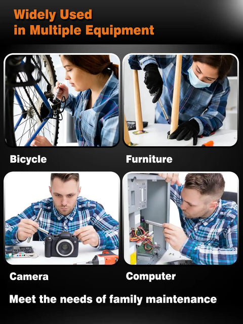 Demonstrating the 100-In-One Magnetic Ratchet Screwdriver Set With 88 Short And 6 Long S2 Steel Bits used for bicycle, furniture, camera, computer.