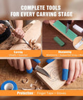 Knockout Wood Carving Kit With Thirty Five Pro Grade Tools and a Rugged Leather Roll featuring chisels, hammer, and sharpening tools.