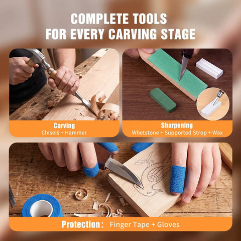Knockout Wood Carving Kit With Thirty Five Pro Grade Tools and a Rugged Leather Roll featuring chisels, hammer, and sharpening tools.
