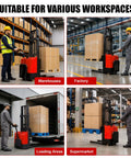 Heavy Duty Electric Pallet Stacker With 3300 Pound Capacity And 118 Inch Lift Height in various workspaces handling large loads.