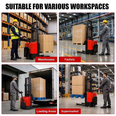 Heavy Duty Electric Pallet Stacker With 3300 Pound Capacity And 118 Inch Lift Height in various workspaces handling large loads.