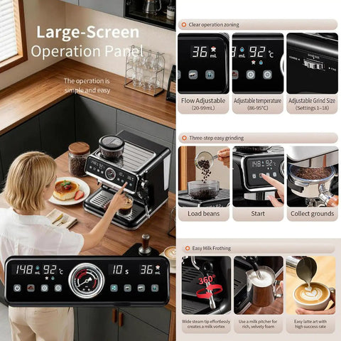 Premium Full Automatic Espresso Coffee Machine With Built In Grinder And 20 Bar Pressure For Smooth Cappuccino Latte Making That Hits Different At Your Daily Morning Routine with large screen panel in a kitchen.