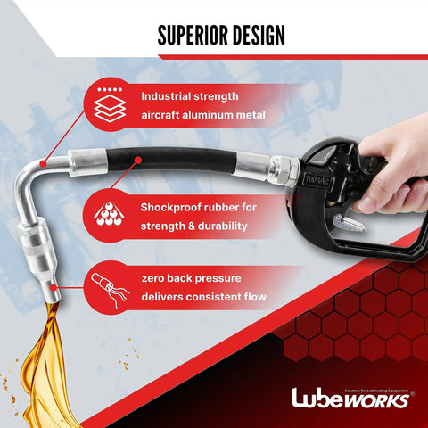 Oil Transfer Pump Control Valve Nozzle Manual 1-35 LPM And 0.3-9.2 GPM Beefy Built Tough For Motor Hydraulic Gear Oil Transmission Fluids Ergonomic Aluminum Handle Zero Back Pressure Smooth Dispense In Liter Gallon Pint Quart