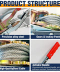 Bigorenda Come Along winch with steel cable and red handle; four-view collage shows alloy steel body, gears and pawls