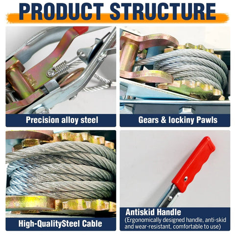 Bigorenda Come Along winch with steel cable and red handle; four-view collage shows alloy steel body, gears and pawls