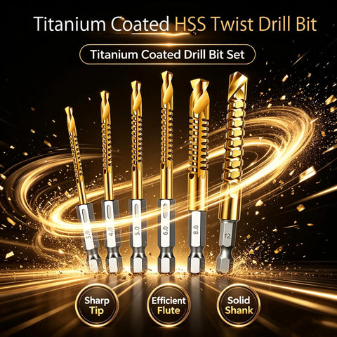 6 Piece Titanium Coated HSS Twist Drill Bit Set With Hex Shank And Serrated Tips For Drilling Wood, Plastic Plywood, And Thin Metal Projects Like A Pro In Your Workshop. 3-12mm