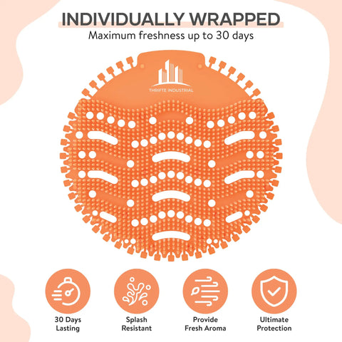Odor Bustin Urinal Screen Mats With Splash Guard For Clean Restrooms, Long Lasting Freshness, Deodorizer Air Freshener, 20 Pack In Ocean Blue And Tangerine Orange For Schools, Offices, And Restaurants, featuring an orange screen with protective features and freshness icons.