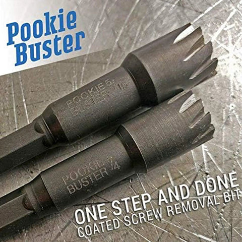 Close-up of Pookie Buster Magnetic Nut Driver Set with patented broach cutter, featuring two bits for screw extraction.