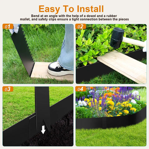 Four-step installation of Heavy Duty 4 Inch Galvanized Steel Landscape Edging Kit, 6 Pack Hammer In Border Edging For Lawn Pathway And Yard