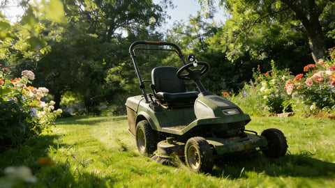 Green lawn mower in garden with 8 Ball Steering Wheel Assist Booster Grip Hand Control Spinner Suicide Knob For Agricultural Tractors Forklifts And Lawn Mowers Black Beefy Grip For Easy U Turn And Smooth Stop Heavy Duty Tractor Accessory.