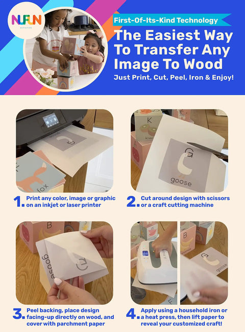 Steps to use Wood Craft Iron On Transfer Paper For DIY Projects Five Sheets Eight And A Half By Eleven Inches