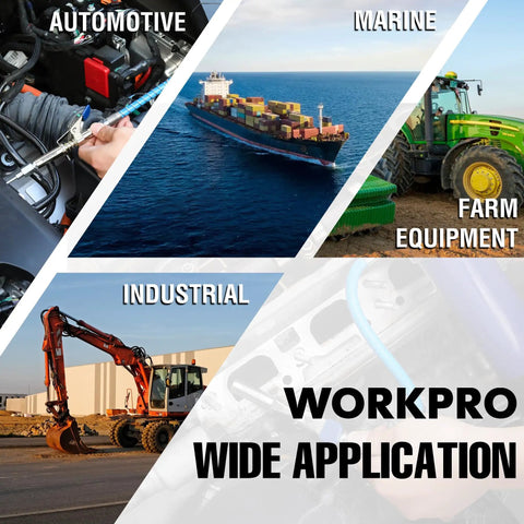 Image showing automotive, marine, farm equipment, and industrial applications highlighting WORKPRO wide application tools.