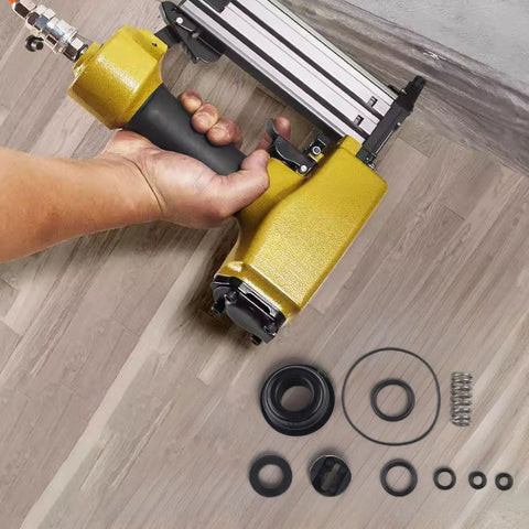 Heavy Duty Pneumatic Nailer Seal Kit For F30 T50 T64 P625 Air Stapler Repair with rubber seals and steel fittings laid out.