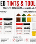 Epoxy Countertop Repair Kit For Granite Marble Porcelain Quartz And Tile Chips Cracks Rebuild Missing Pieces Dry In 29 Minutes Tintable With EZ Tint No Brainer DIY Fix All In One Permanent Repair, shown with separate color and tool options.