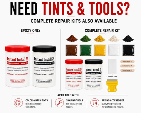 Epoxy Countertop Repair Kit For Granite Marble Porcelain Quartz And Tile Chips Cracks Rebuild Missing Pieces Dry In 29 Minutes Tintable With EZ Tint No Brainer DIY Fix All In One Permanent Repair, shown with separate color and tool options.