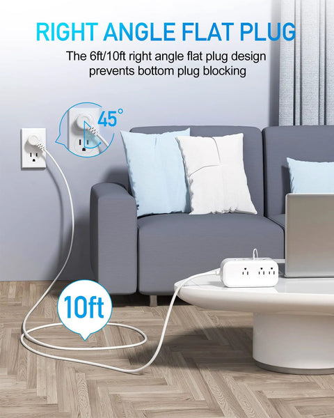 10FT Surge Protector Power Strip With 65W USB C PD And 30W USB C Fast Charging 6 Outlets And 3 USB Ports Flat Plug For Desk Wall Mount Overload Protection Ideal For Dorm And Home Office And Travel