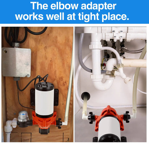 Rotating One Half Inch RV Water Pump Fittings Kit With 360 Degree Swivel Elbow And Straight Barb Adapter One Half Inch Female NPT PEX Compatible Comes With Thread Seal Tape For Leak Free Water Strainer Connection installed on RV pump in tight space