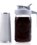 32 Oz Mason Jar Cold Brew Pitcher With Strainer And Wide Mouth Glass Spout Lids For Fridge Iced Coffee Tea Lemonade Sun Tea 1 Quart Brew Maker Dishwasher Safe No Mess