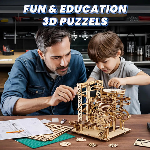 3D Wooden Marble Run Puzzle Kit For Adults, Mechanical Wood Roller Coaster Model, Brain Teaser Build, 330 Pieces, DIY Hobby Gift, Christmas Craft Kit, Home Decor Gift For Puzzle Lovers, father and child assembling wooden model