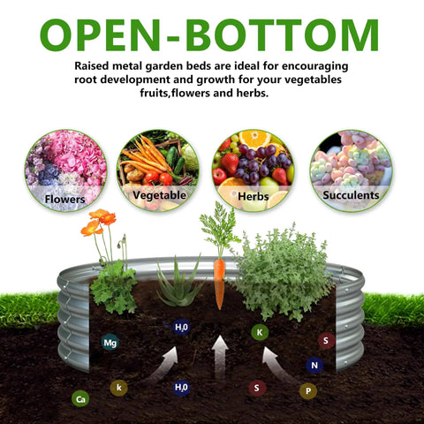 Two Pack Galvanized Round Raised Garden Bed Kit 2x2x1 Feet For Veggies Herbs Flowers Outdoor Planter Box Easy Assembly Rust Resistant Durable Steel Silver showing plants and soil nutrients.
