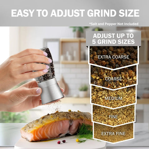 Hand using Stainless Steel Salt And Pepper Grinder Set Two Pack With Glass Jars, Adjustable Ceramic Burr Mills, on salmon with grind levels.