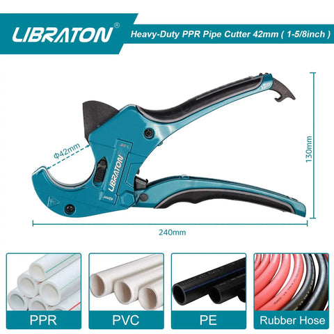 One And Five Eighths Inch Ratcheting PVC Cutter With Replacement Blade for PVC ABS PEX PPR Plastic Pipes Hoses and Plumbing Tubing displayed