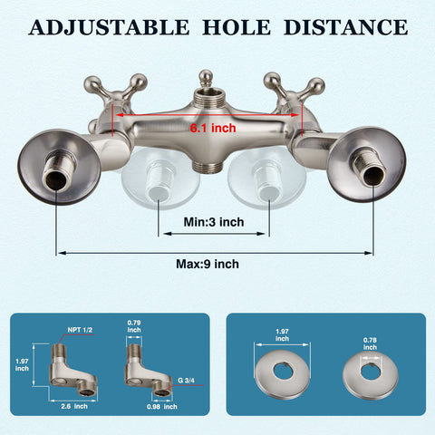 Adjustable center detail of Clawfoot Tub Faucet With Handheld Shower Brushed Nickel, wall mount tub filler, solid brass construction.
