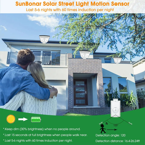 Couple observing dual color solar street light with remote dimmable 6000K cool white and 3000K warm white dusk to dawn aluminum flood light.