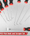 Nine Piece Precision Pick And Hook Set With Scraper And Magnetic Telescoping Tool Kit arranged on metal surface.