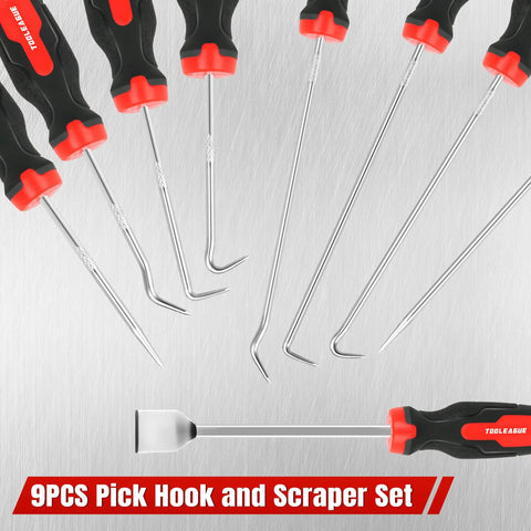 Nine Piece Precision Pick And Hook Set With Scraper And Magnetic Telescoping Tool Kit arranged on metal surface.