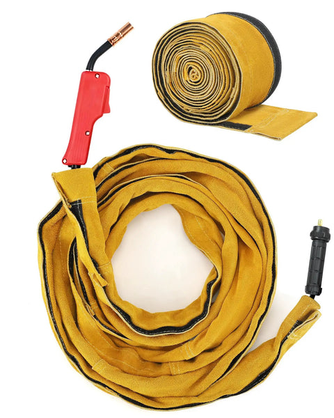 Leather Welding Cable Sleeve With Adjustable Velcro Closure, rolled leather sleeve, and welding torch handle.