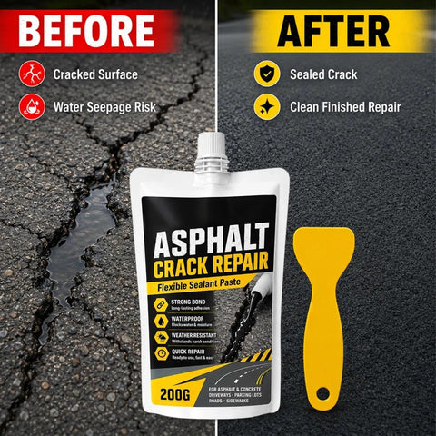 Heavy Duty Concrete Crack Filler Zero Hassle Quick Dry Sealer For Driveways And Patios Waterproof High Elasticity Patch Repair Kit All Season Deep Moisture Barrier Sealant in a pouch with spatula on asphalt.