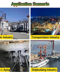 Image showing application scenarios for Heavy Duty Portable Rechargeable Hydraulic Cable Crimper in power, transportation, cable laying, and shipbuilding industries.