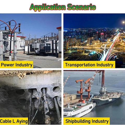 Image showing application scenarios for Heavy Duty Portable Rechargeable Hydraulic Cable Crimper in power, transportation, cable laying, and shipbuilding industries.