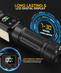 Close-up of Beast Mode Brightness 100000 Lumen USB C Rechargeable Flashlight with LCD display showing battery life