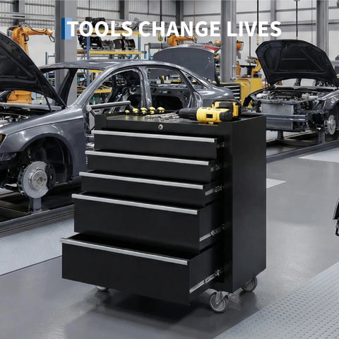 5 Drawer Rolling Tool Chest On Wheels With Locking System And Drawer Liners Beefy Heavy Duty Steel Tool Storage Cabinet For Workshop Garage Or Warehouse Industrial Grade Black in automotive workshop